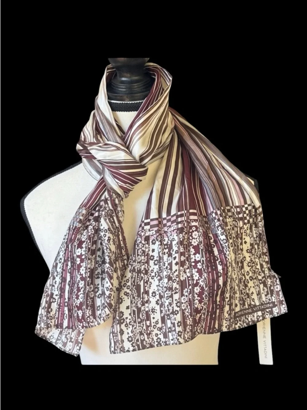 ADRIENNE VITTADINI LADIES 100% SILK SCARF NWT NEW TAGS, BURGUNDY, BEIGE COLORS
